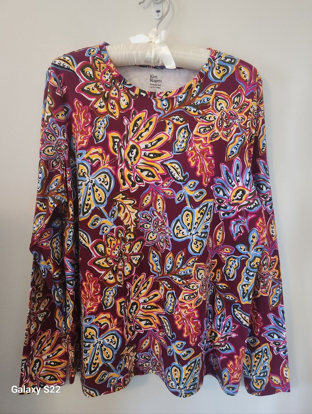 Kim Rogers Long-Sleeve Floral Top - Magenta Multi Color 100% Cotton